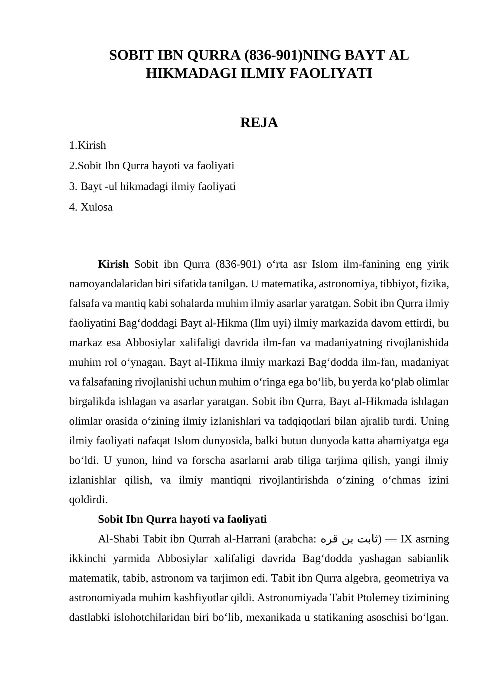 Sobit Ibn Qurra (836-901)NING BAYT AL HIKMADAGI ILMIY FAOLIYATI 1