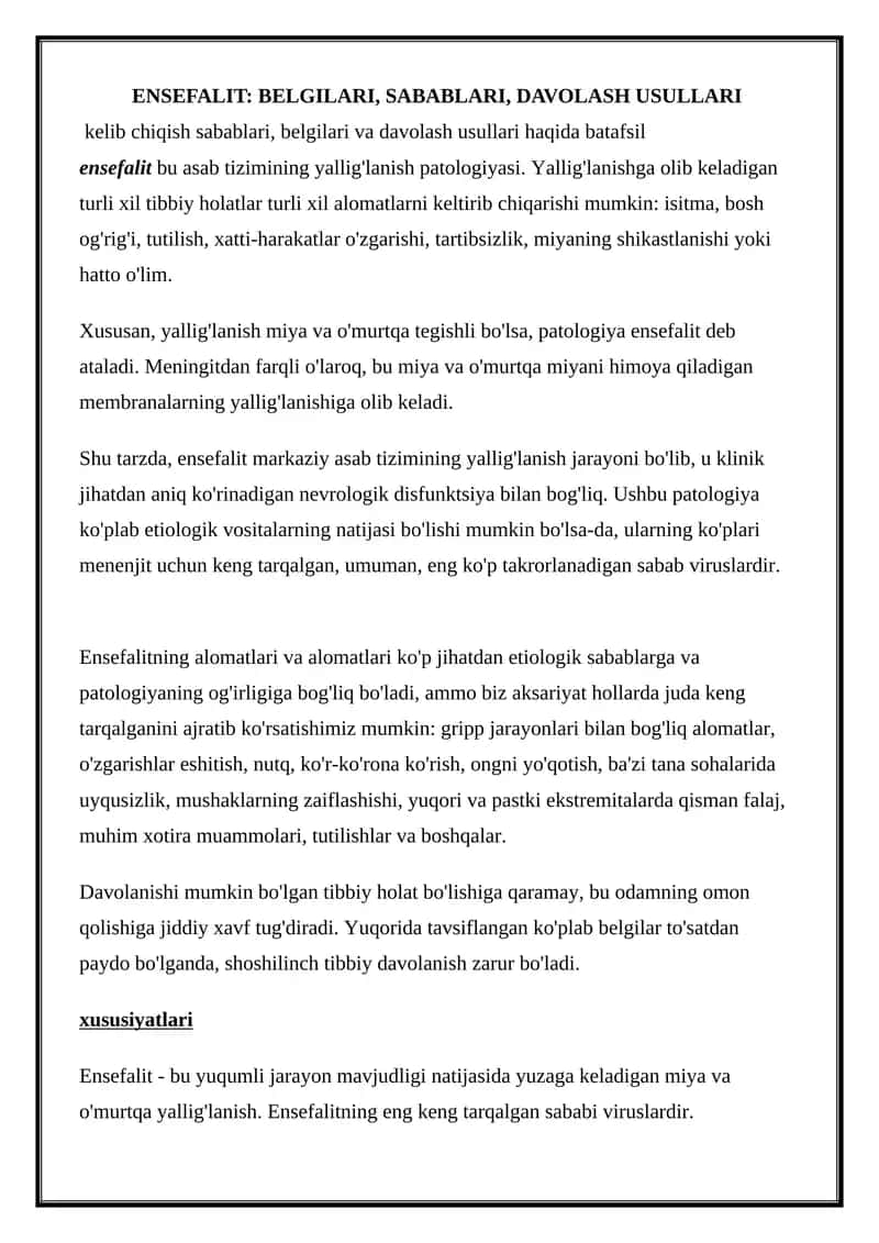 Ensefalit: Belgilari, Sabablari, Davolash Usullari 1
