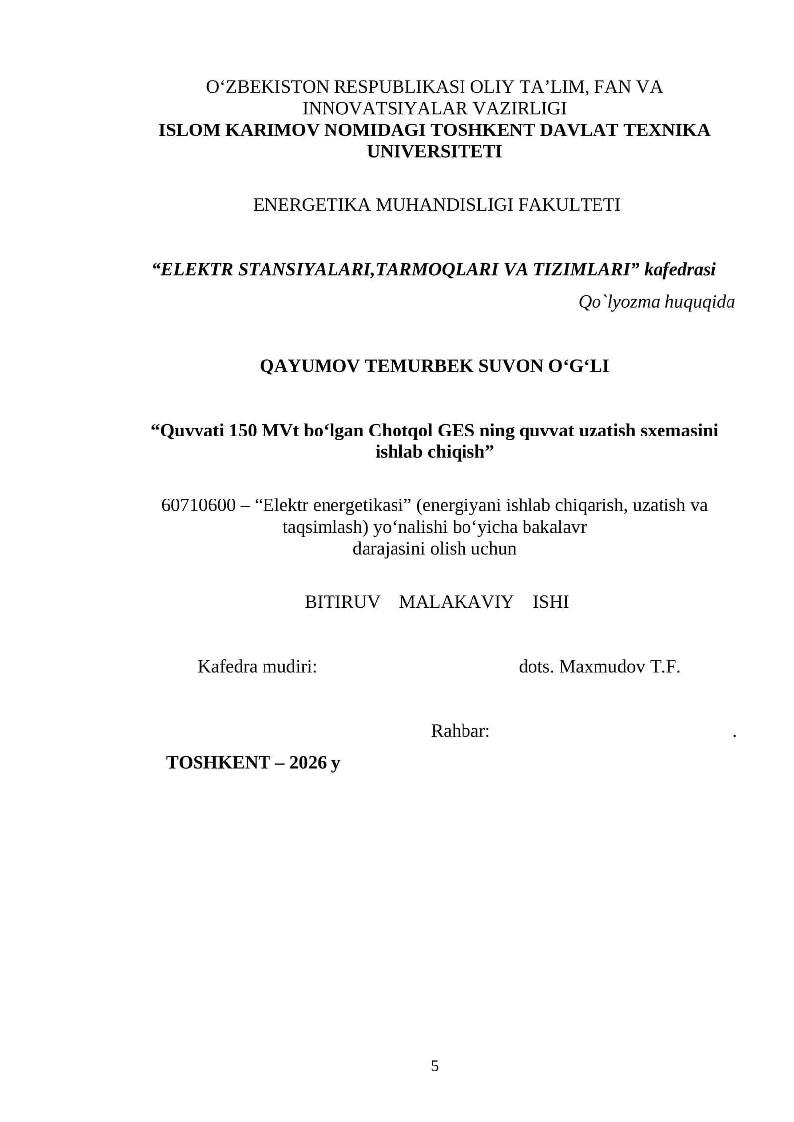 Quvvati 150 MVt bo‘lgan Chotqol GES ning quvvat uzatish sxemasini ishlab chiqish 1
