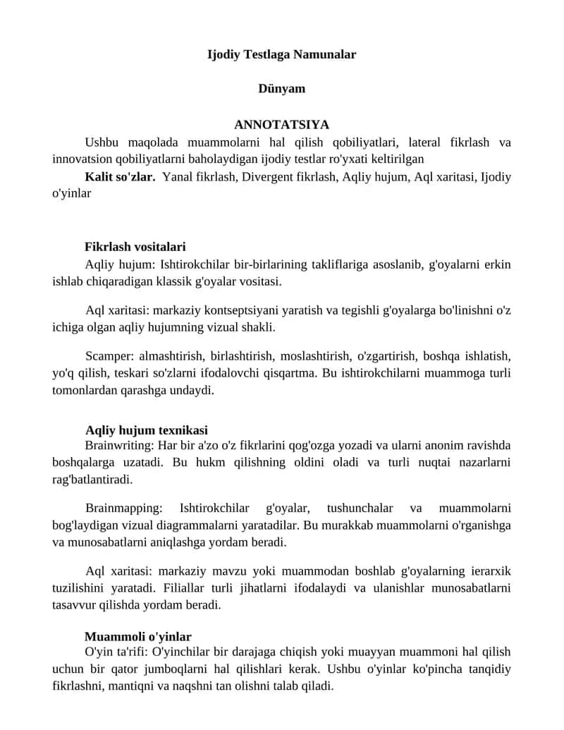 Ijodiy Testlaga Namunalar 1