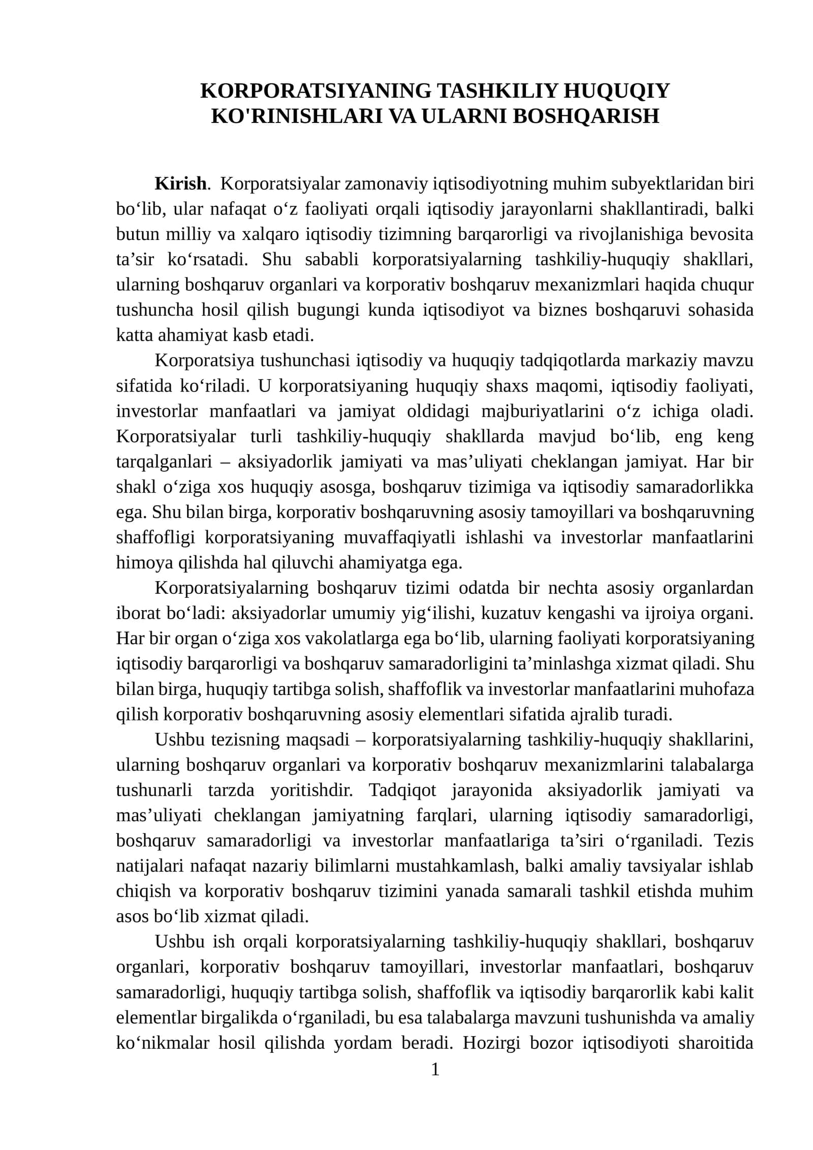 KORPORATSIYANING TASHKILIY HUQUQIY KO'RINISHLARI VA ULARNI BOSHQARISH 1