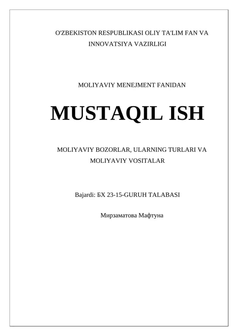 Moliyaviy Bozorlar 1