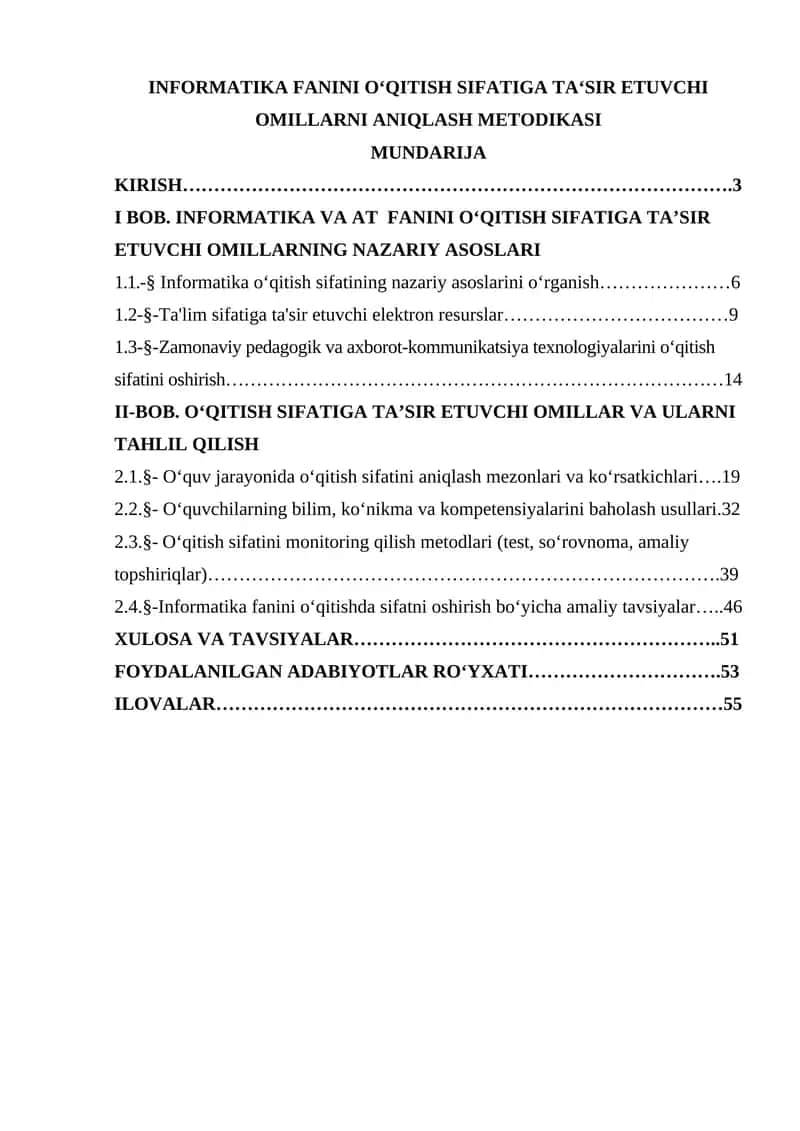 INFORMATIKA FANINI O‘QITISH SIFATIGA TAʻSIR ETUVCHI OMILLARNI ANIQLASH METODIKASI 1
