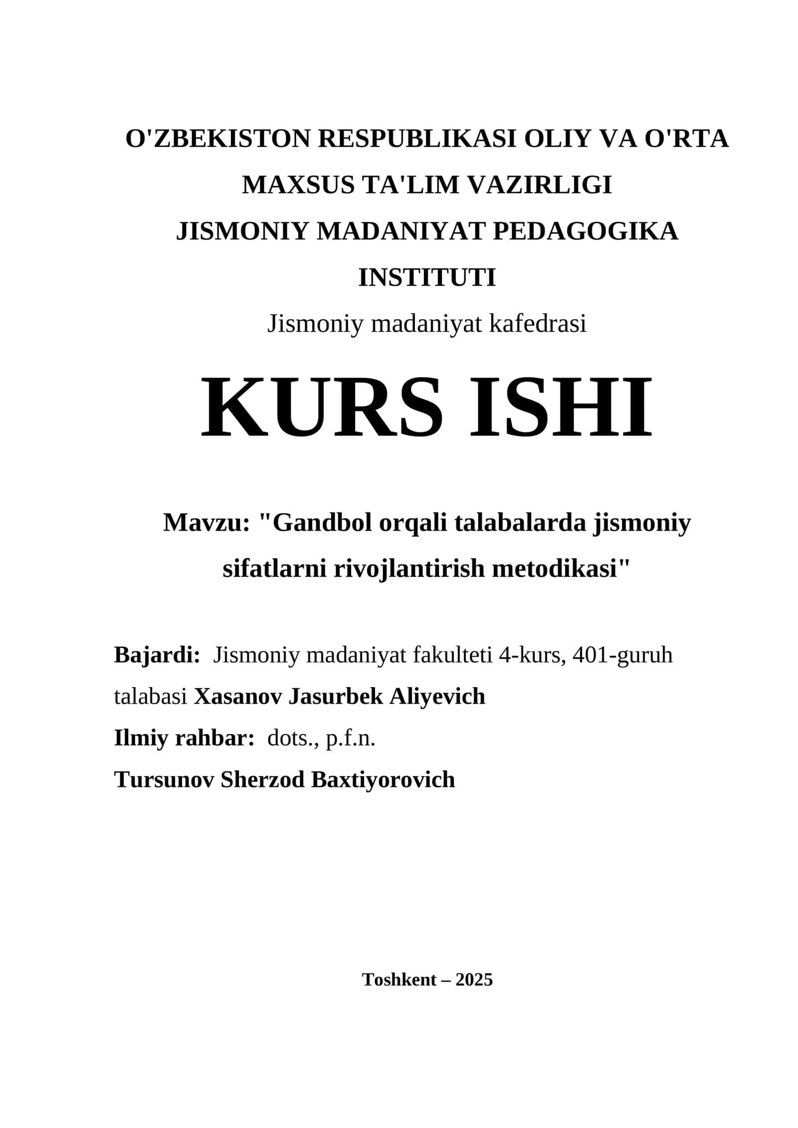 "Gandbol orqali talabalarda jismoniy sifatlarni rivojlantirish metodikasi" 1