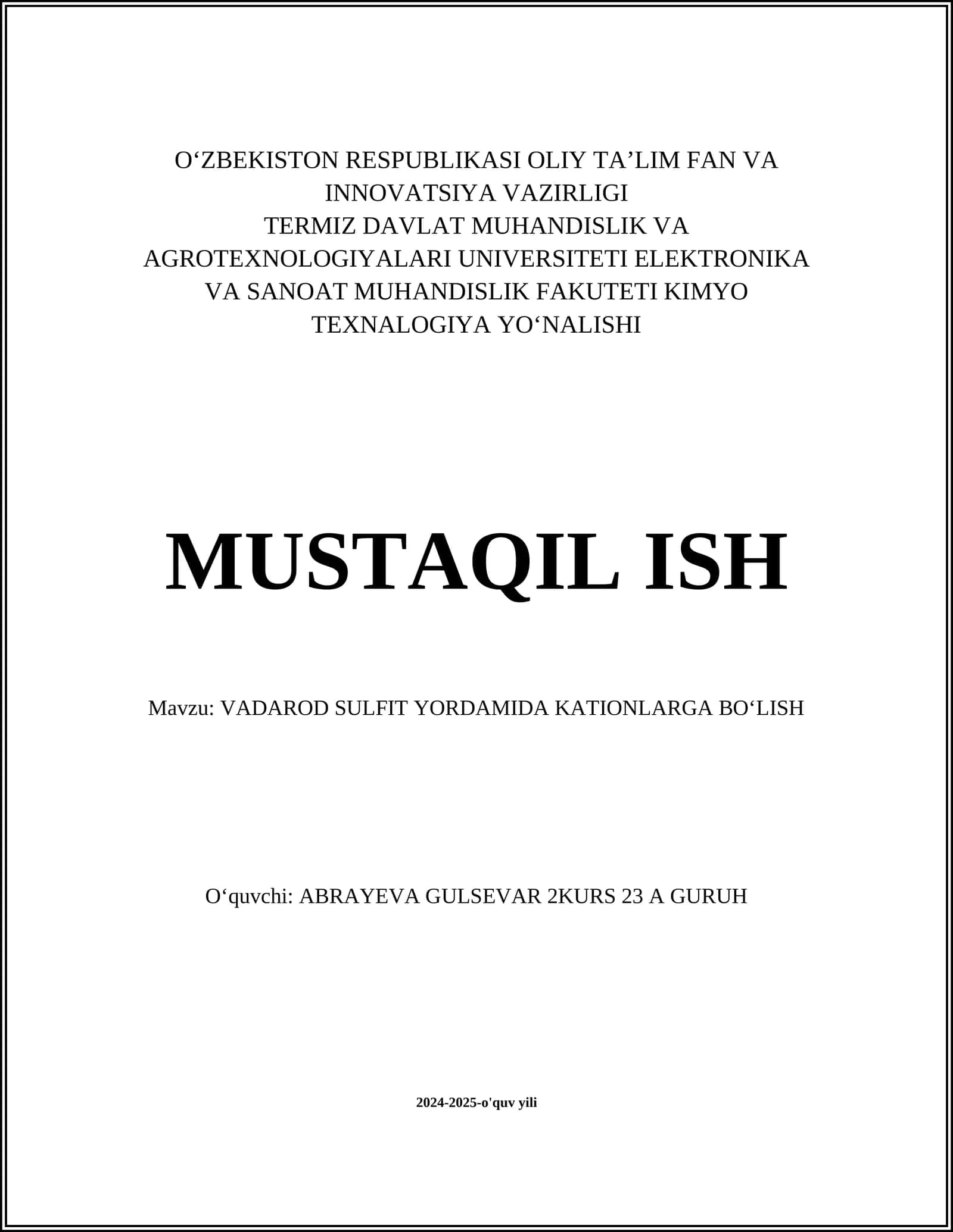 VADAROD SULFIT YORDAMIDA KATIONLARGA BO‘LISH 1