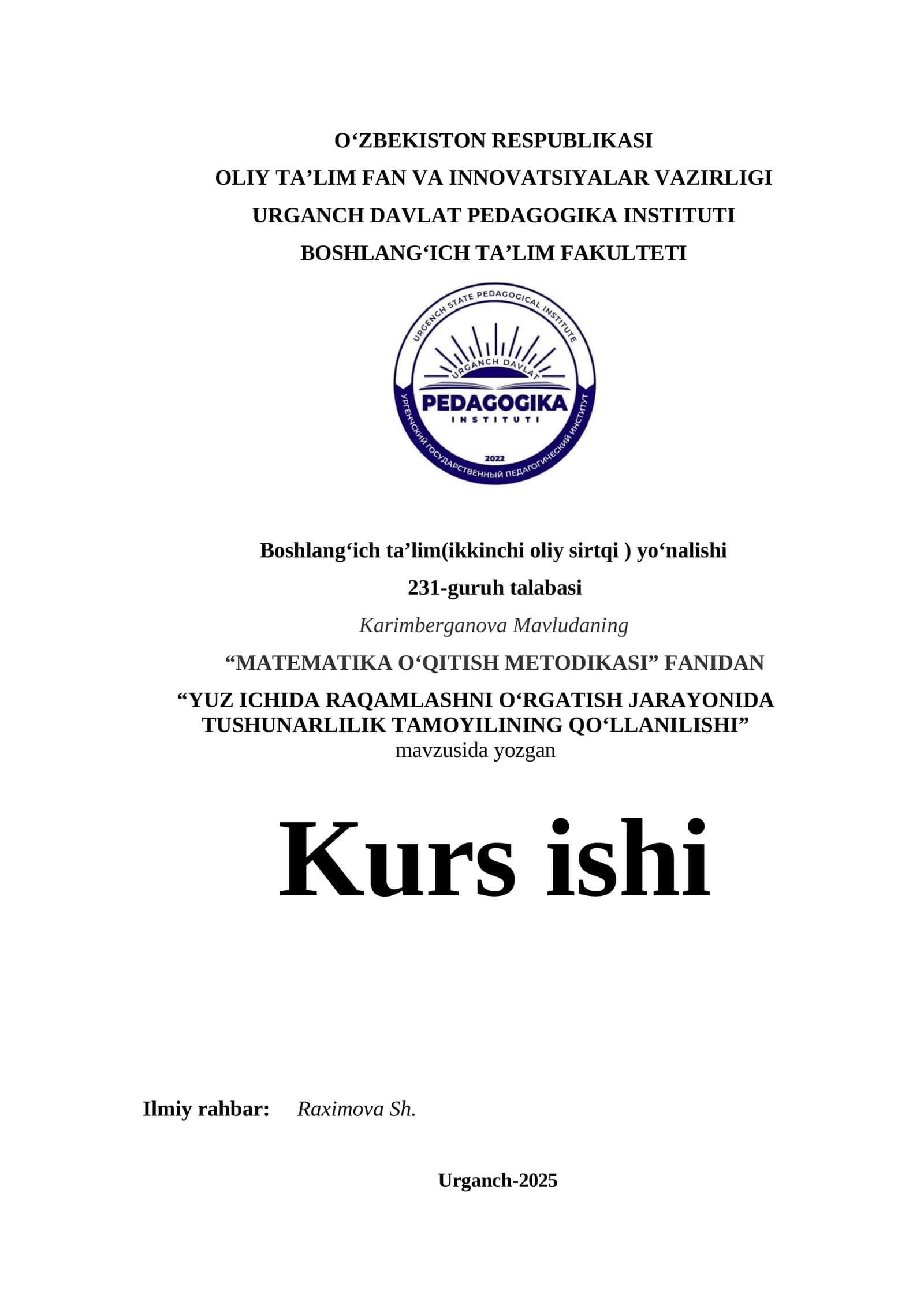 YUZ ICHIDA RAQAMLASHNI O‘RGATISH JARAYONIDA TUSHUNARLILIK TAMOYILINING QO‘LLANILISHI 1