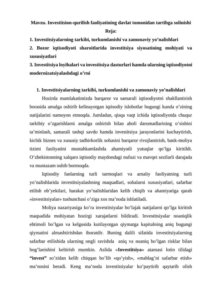 Investitsion-qurilish faoliyatining davlat tomonidan tartibga solinishi 1