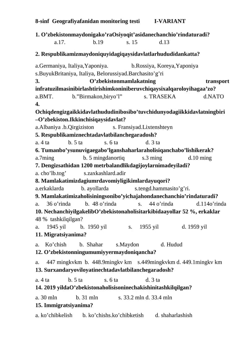 8-sinf Geografiya fanidan monitoring testi I-VARIANT 1
