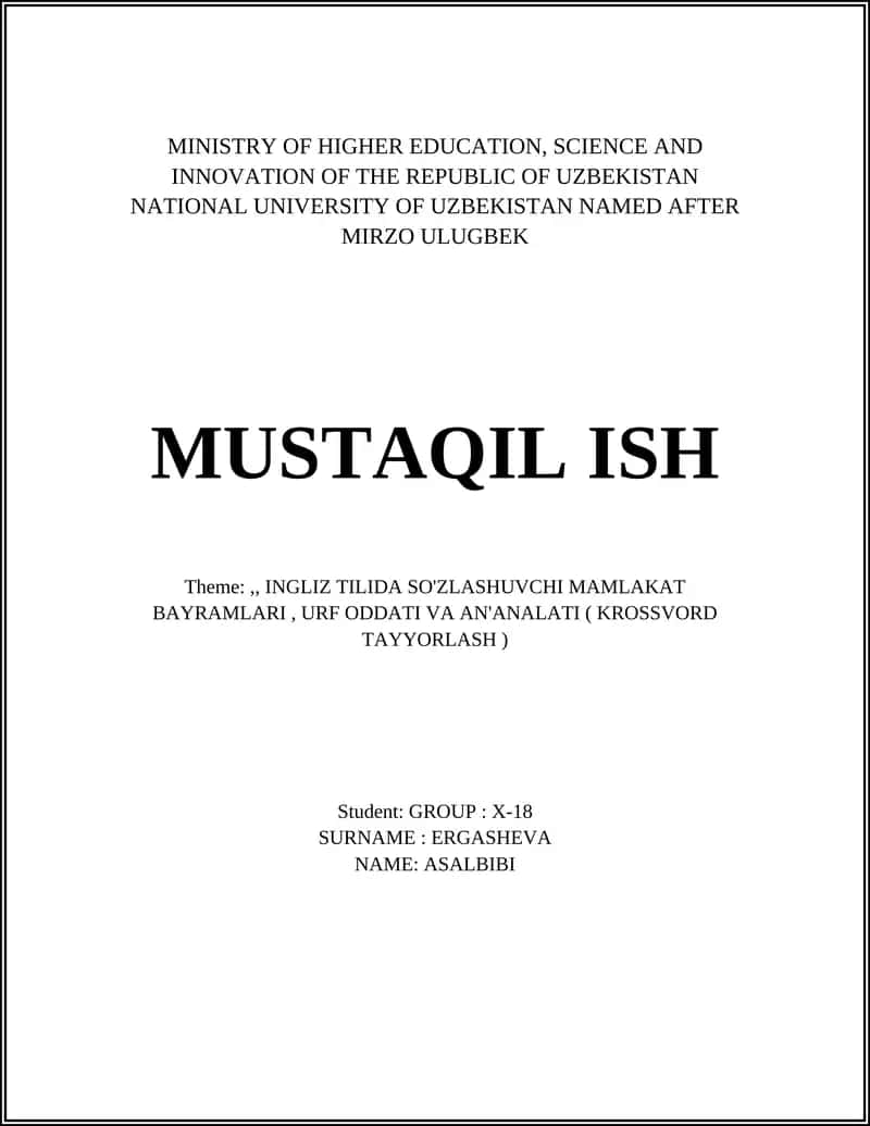 INGLIZ TILIDA SO'ZLASHUVCHI MAMLAKAT BAYRAMLARI, URF ODDATI VA AN'ANALATI ( KROSSVORD TAYYORLASH ) 1