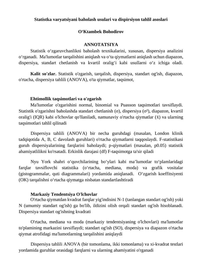 Statistika varyatsiyani baholash usulari va dispirsiyon tahlil asoslari 1