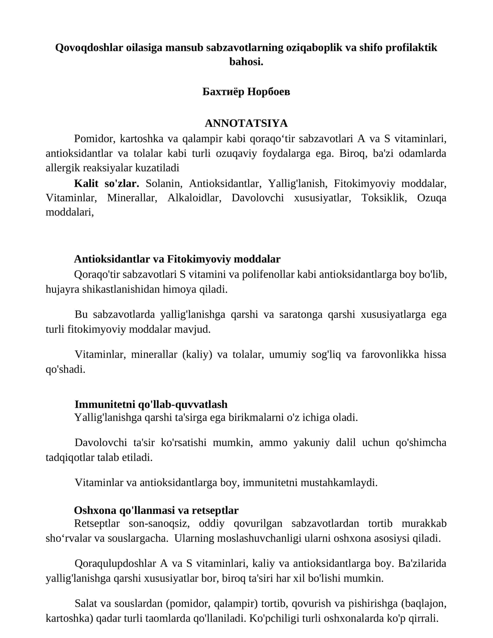 Qovoqdoshlar oilasiga mansub sabzavotlarning oziqaboplik va shifo profilaktik bahosi 1