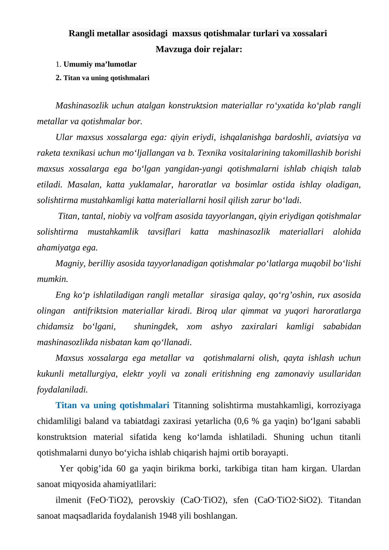 Rangli metallar asosidagi maxsus qotishmalar turlari va xossalari 1