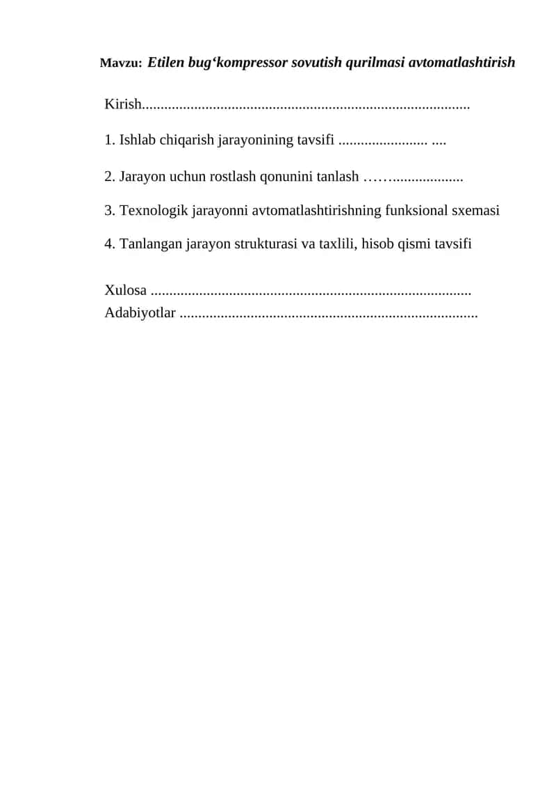 Etilen bug‘kompressor sovutish qurilmasi avtomatlashtirish 1