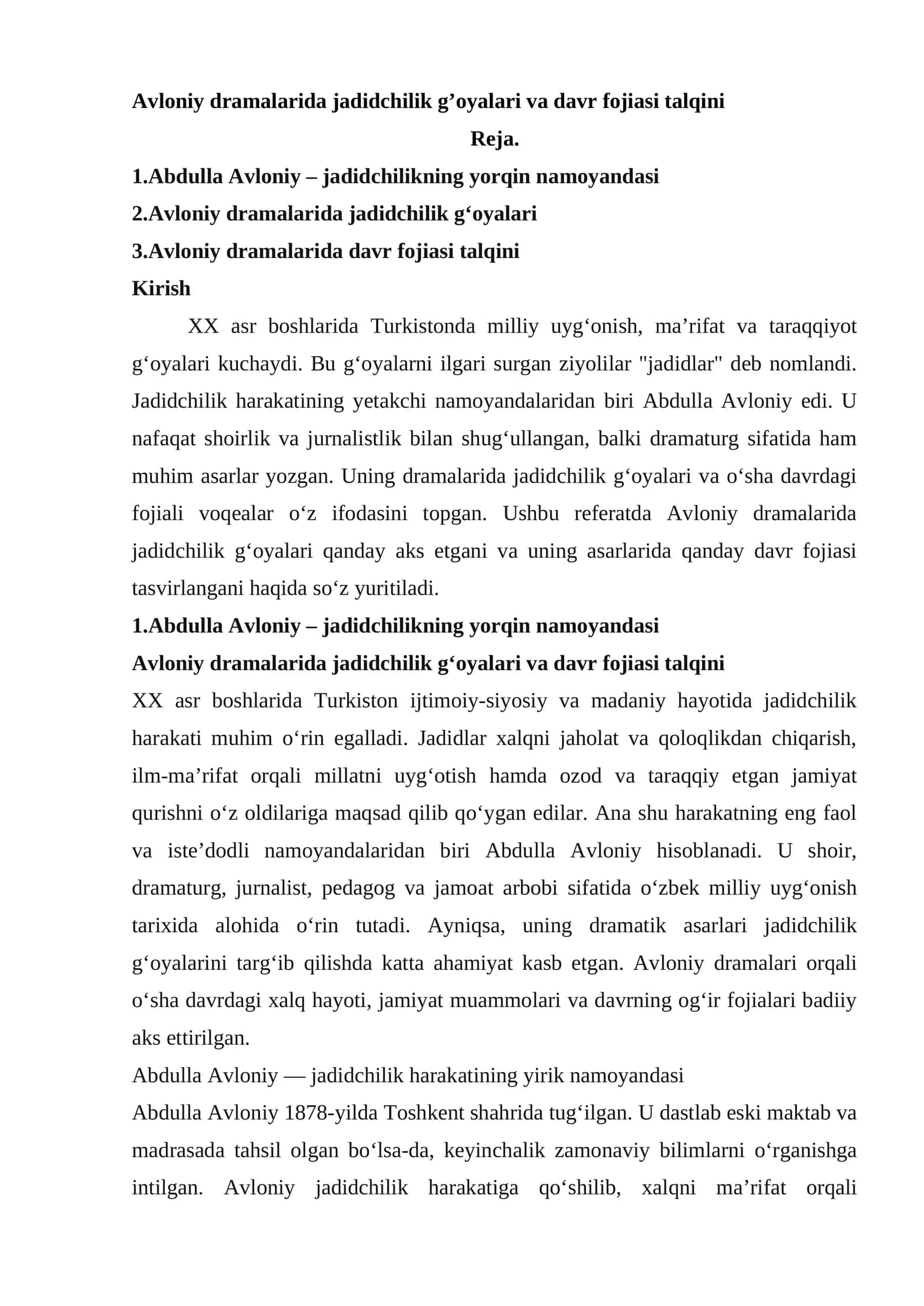 Avloniy dramalarida jadidchilik g'oyalari va davr fojiasi talqini 1