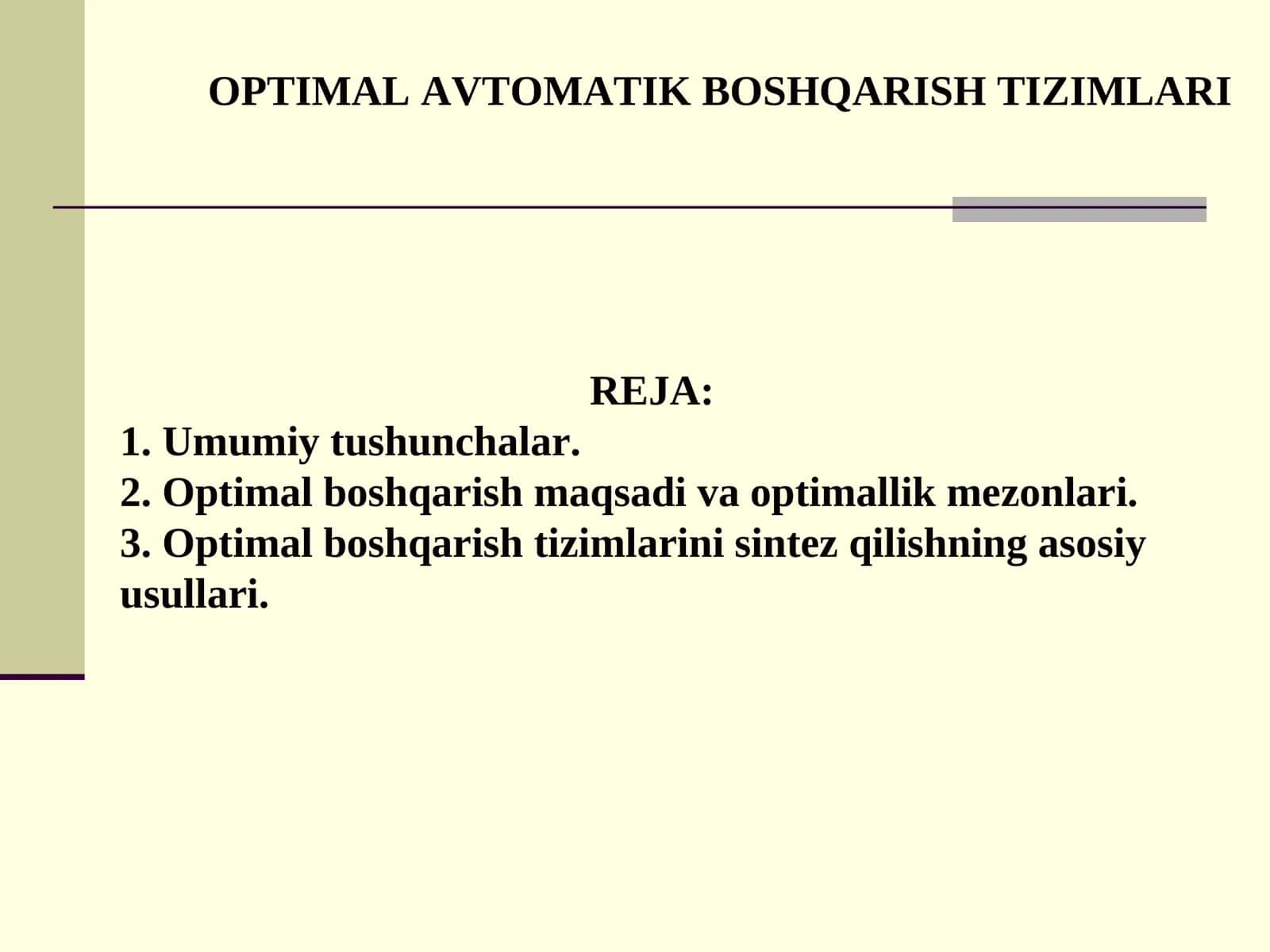 Optimal avtomatik boshqarish tizimlari 1