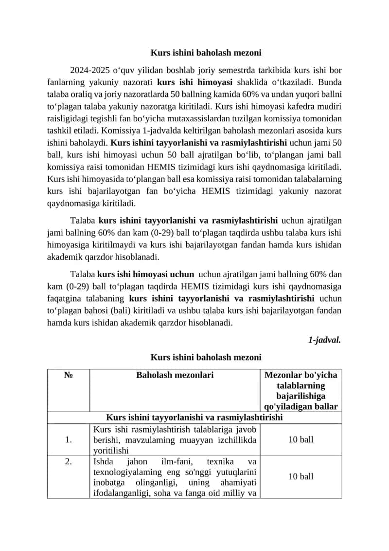 Kurs ishini baholash mezoni 1