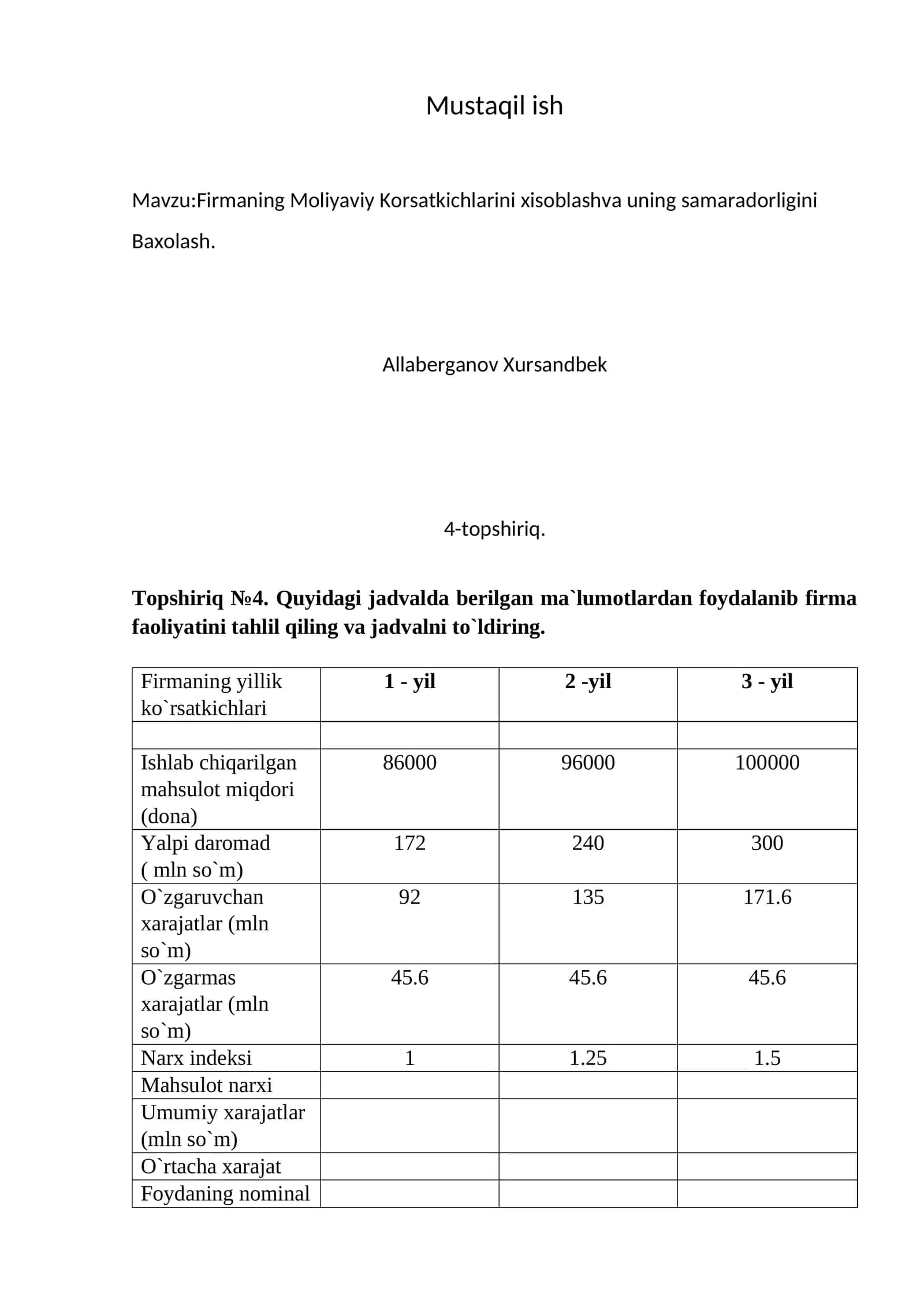 Firmaning Moliyaviy Korsatkichlarini xisoblashva uning samaradorligini Baxolash 1