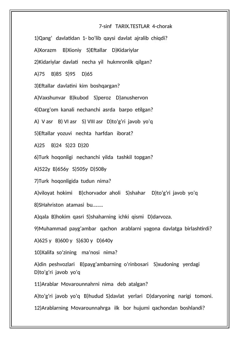 7-sinf TARIX.TESTLAR 4-chorak 1