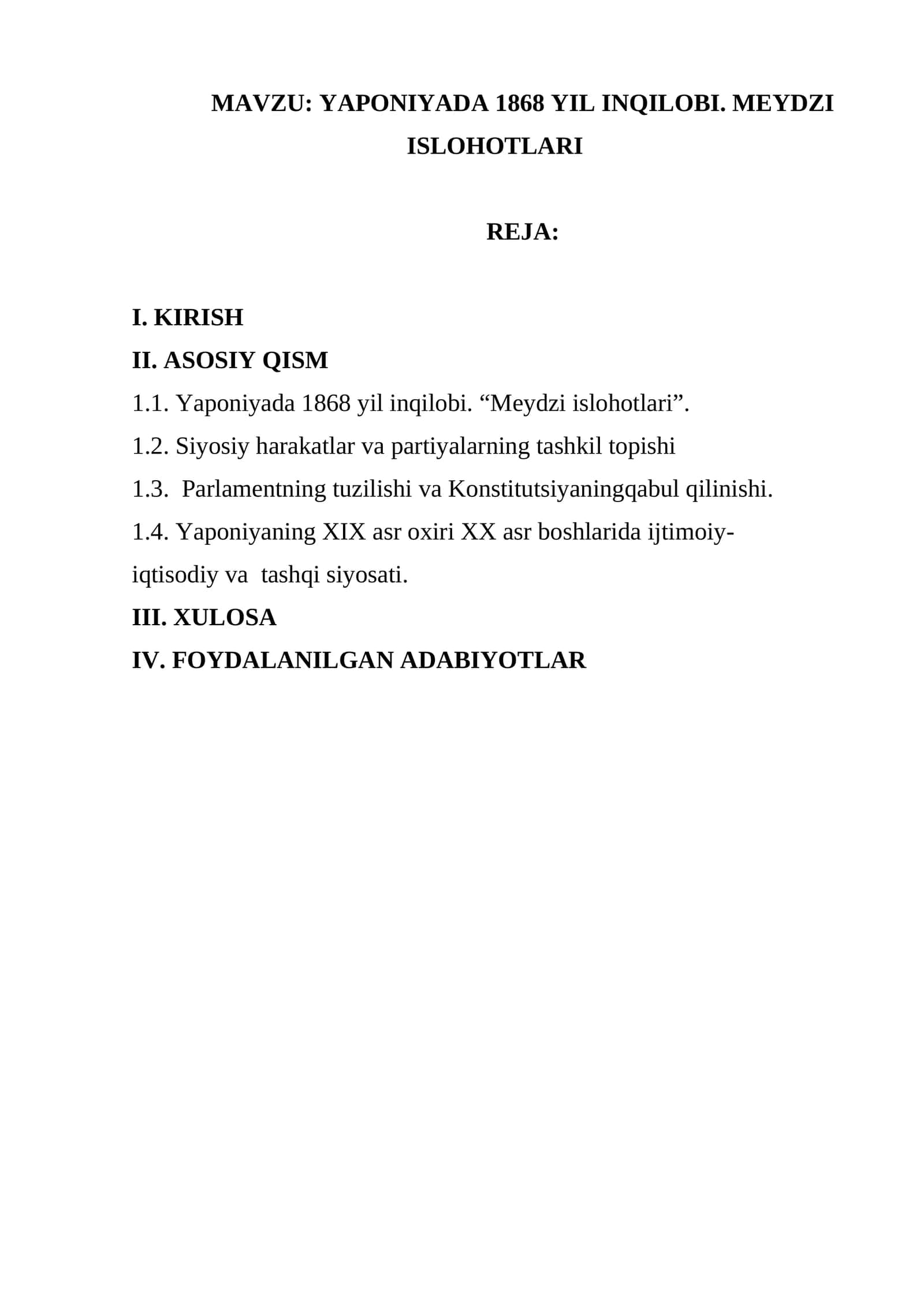 YAPONIYADA 1868 YIL INQILOBI. MEYDZI ISLOHOTLARI 1