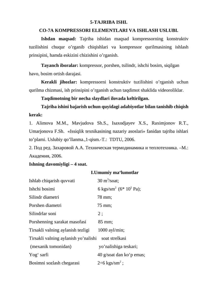 Tajriba ishi - 5-TAJRIBA ISHI - "CO-7A KOMPRESSORI ELEMENTLARI VA ISHLASH USLUBI" 1