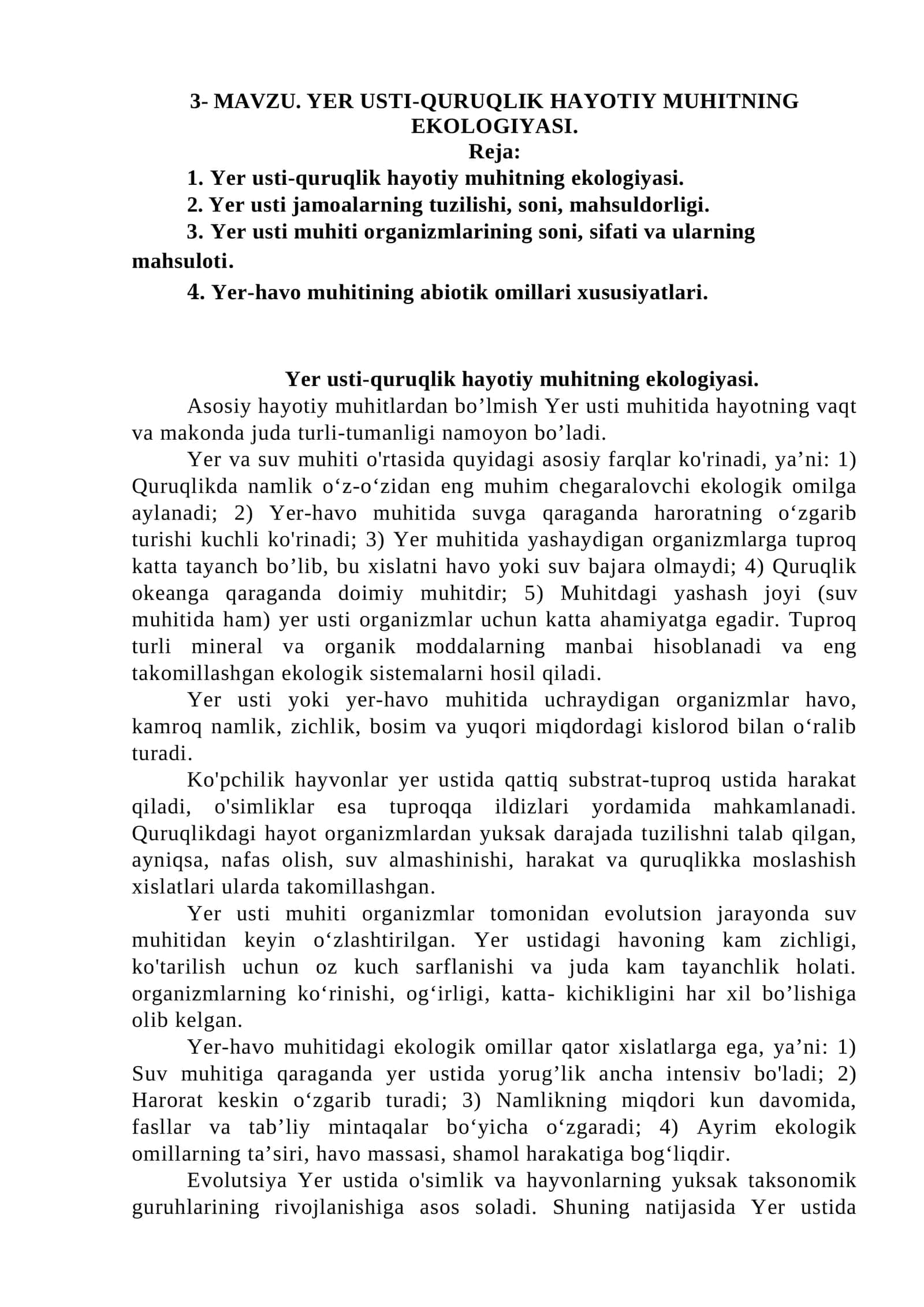 Yer Usti-Quruqlik Hayotiy Muhitning Ekologiyasi 1