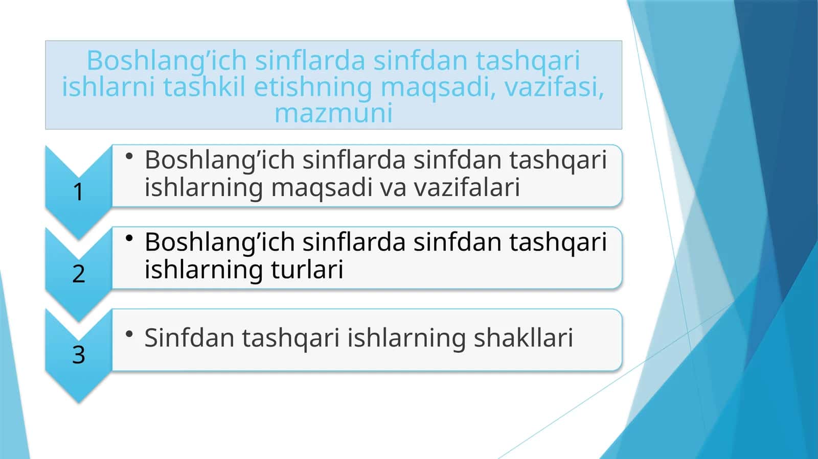 Boshlang’ich sinflarda sinfdan tashqari ishlarni tashkil etishning maqsadi, vazifasi, mazmuni 1