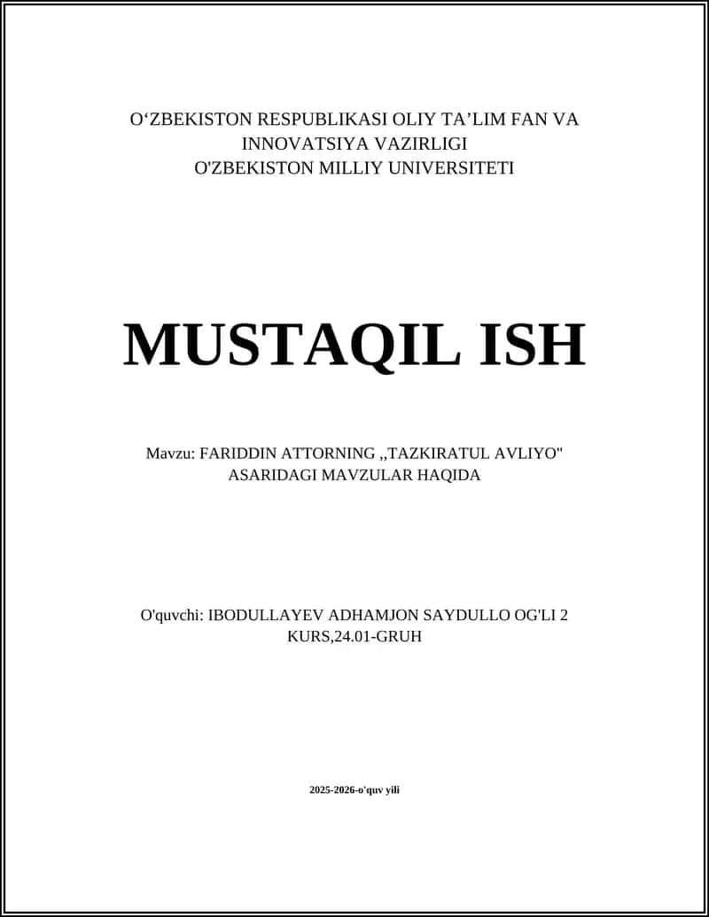 FARIDDIN ATTORNING,,TAZKIRATUL AVLIYO" ASARIDAGI MAVZULAR HAQIDA 1