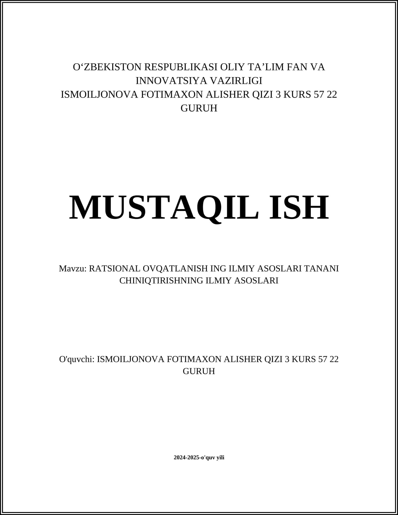 RATSIONAL OVQATLANISH ING ILMIY ASOSLARI TANANI CHINIQTIRISHNING ILMIY ASOSLARI 1