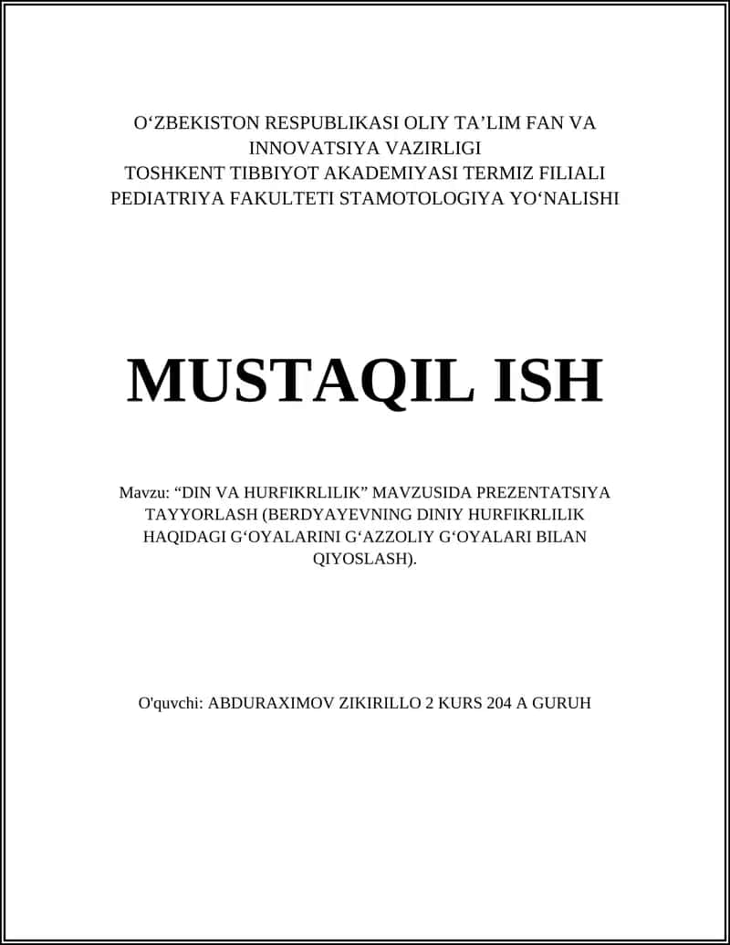 "DIN VA HURFIKRLILIK" MAVZUSIDA PREZENTATSIYA TAYYORLASH 1