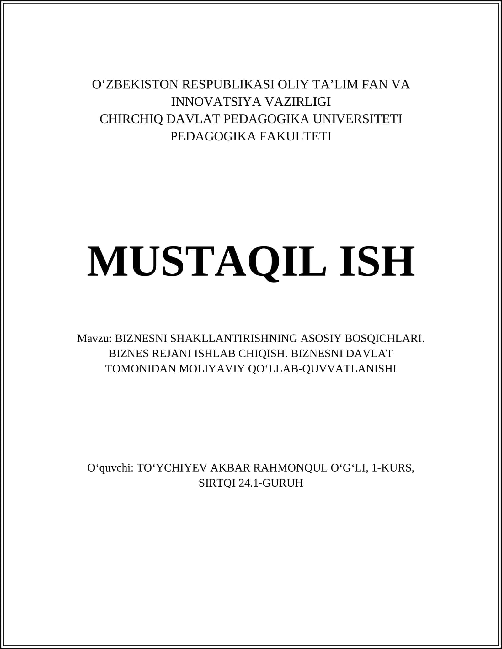 BIZNESNI SHAKLLANTIRISHNING ASOSIY BOSQICHLARI 1