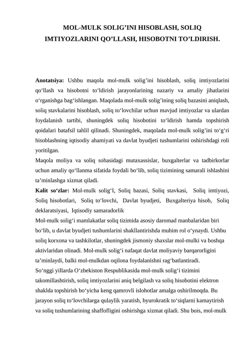 Mol-mulk solig’ini hisoblash, soliq imtiyozi 1