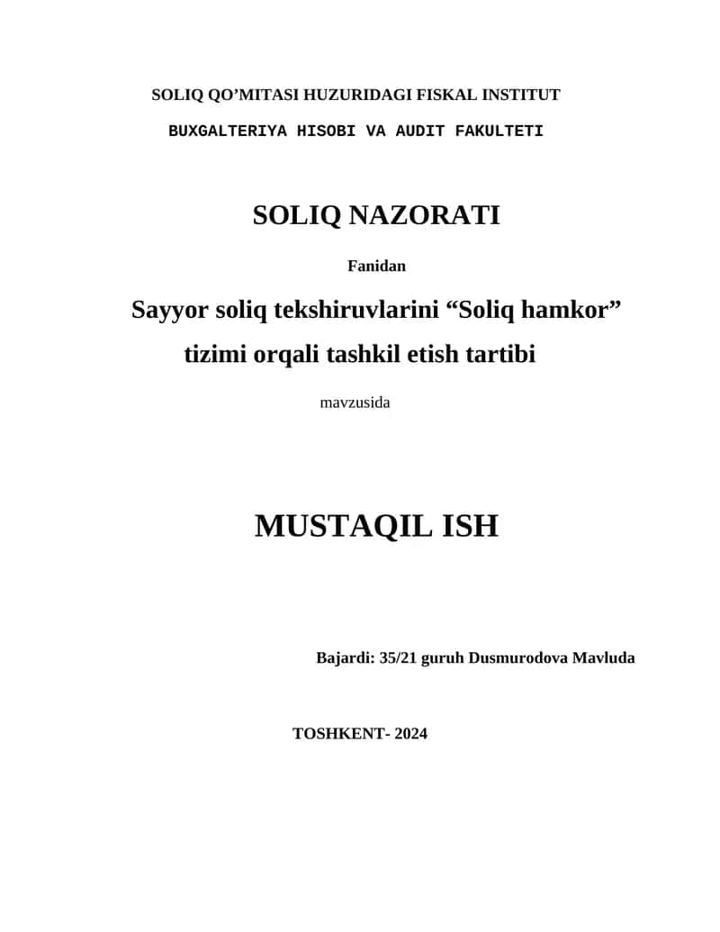 Sayyor soliq tekshiruvlarini “Soliq hamkor” tizimi orqali tashkil etish tartibi 1