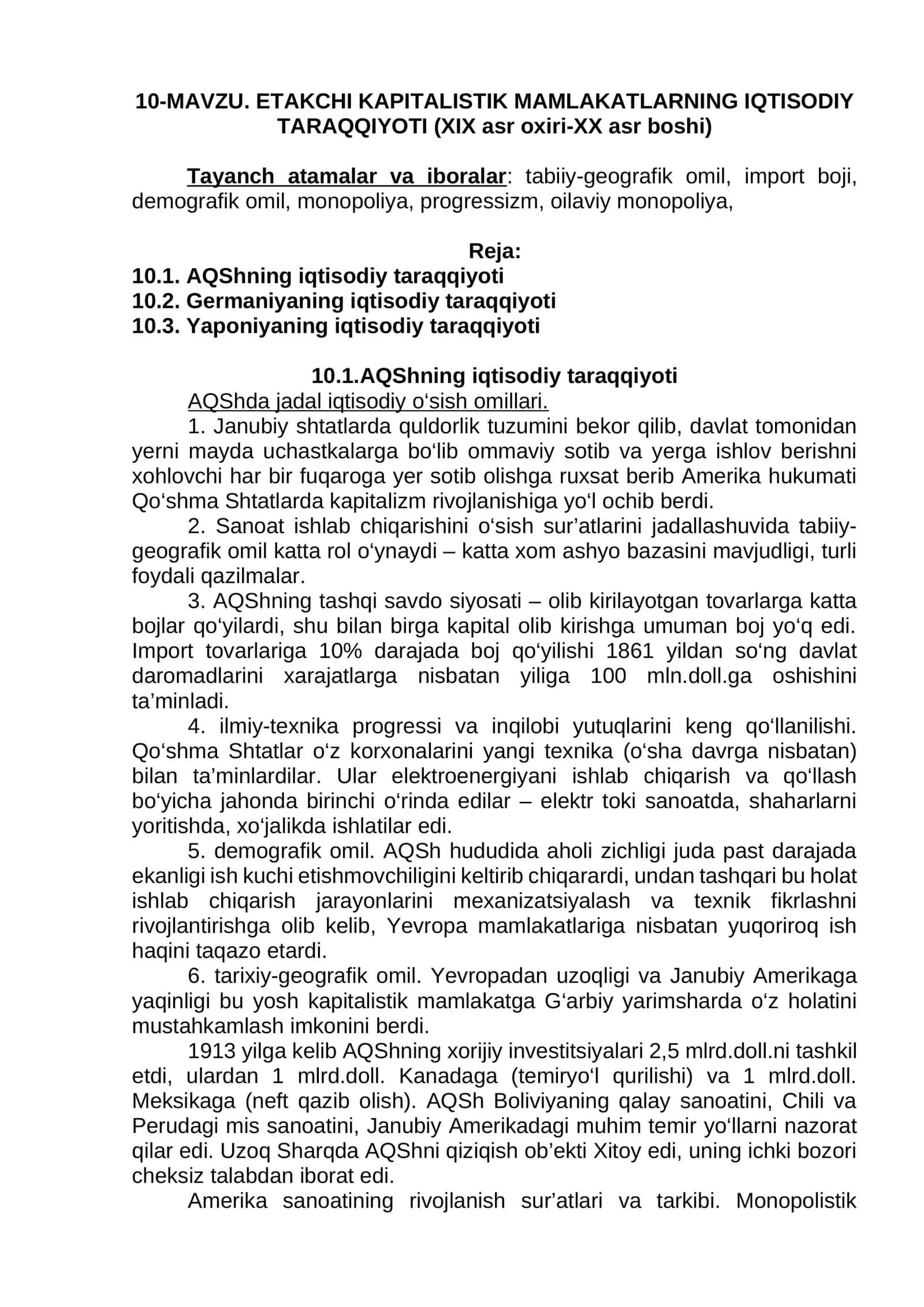 Etakchi kapitalistik mamlakatların iqtisodiy taraggiyoti (XIX asr oxiri-XX asr boshi) 1