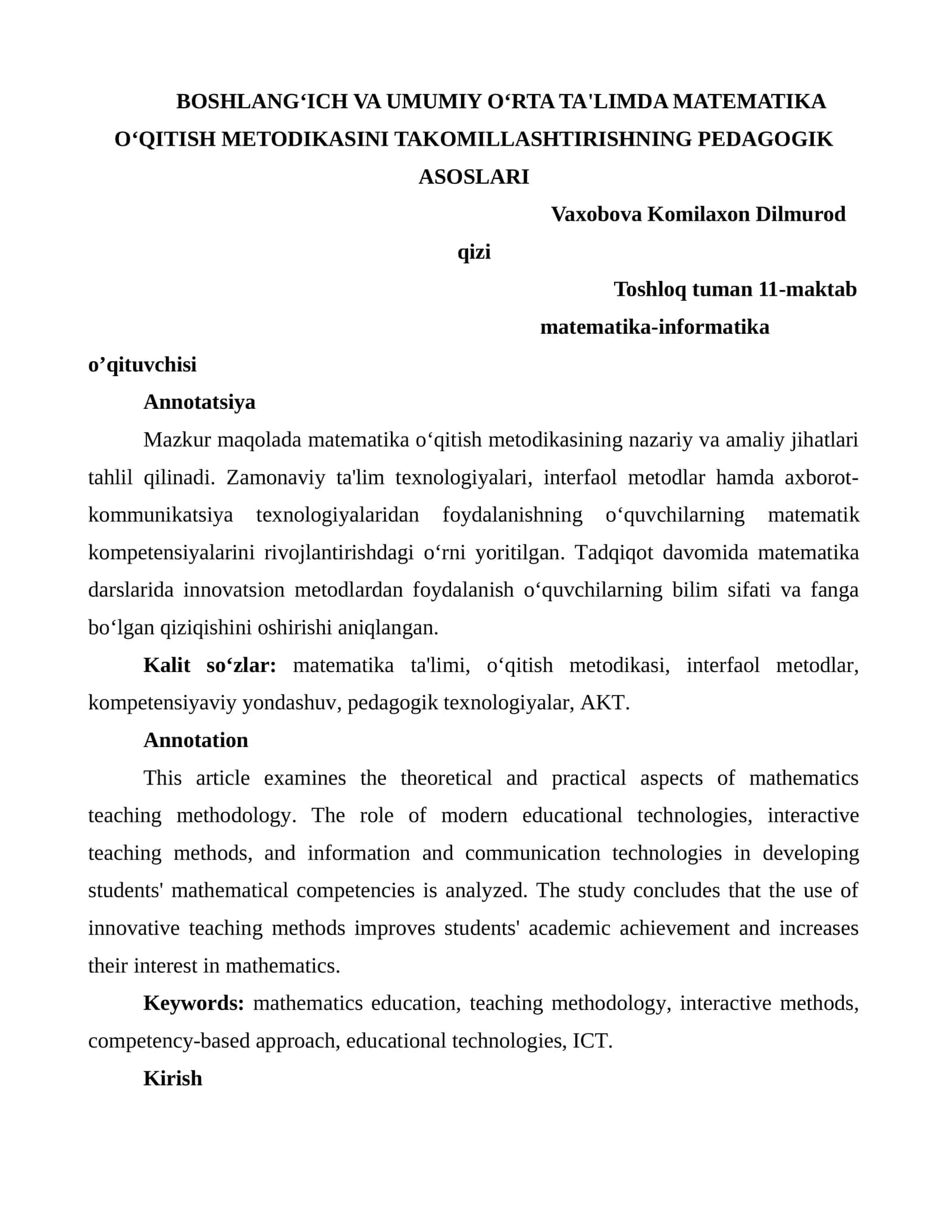 BOSHLANG‘ICH VA UMUMIY O‘RTA TA'LIMDA MATEMATIKA O‘QITISH METODIKASINI TAKOMILLASHTIRISHNING PEDAGOGIK ASOSLARI 1