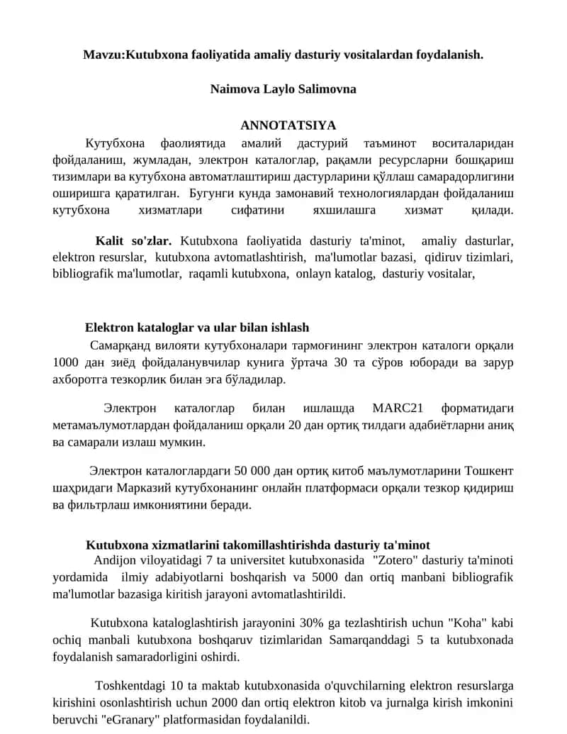 Kutubxona faoliyatida amaliy dasturiy vositalardan foydalanish 1