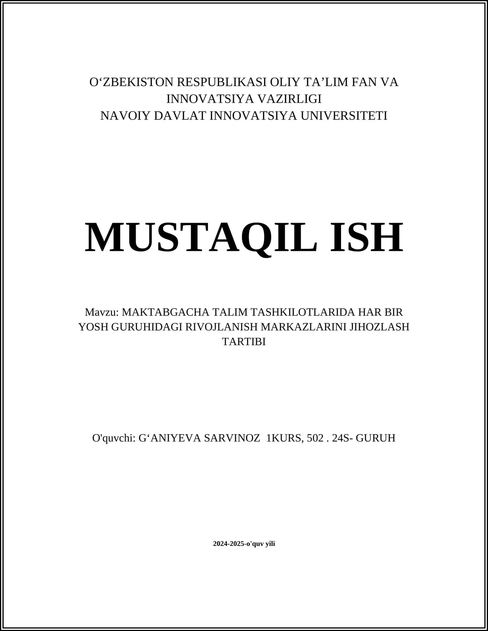 Boshlang'ich rivojlanish markazlarini jihozlash standartlari 1