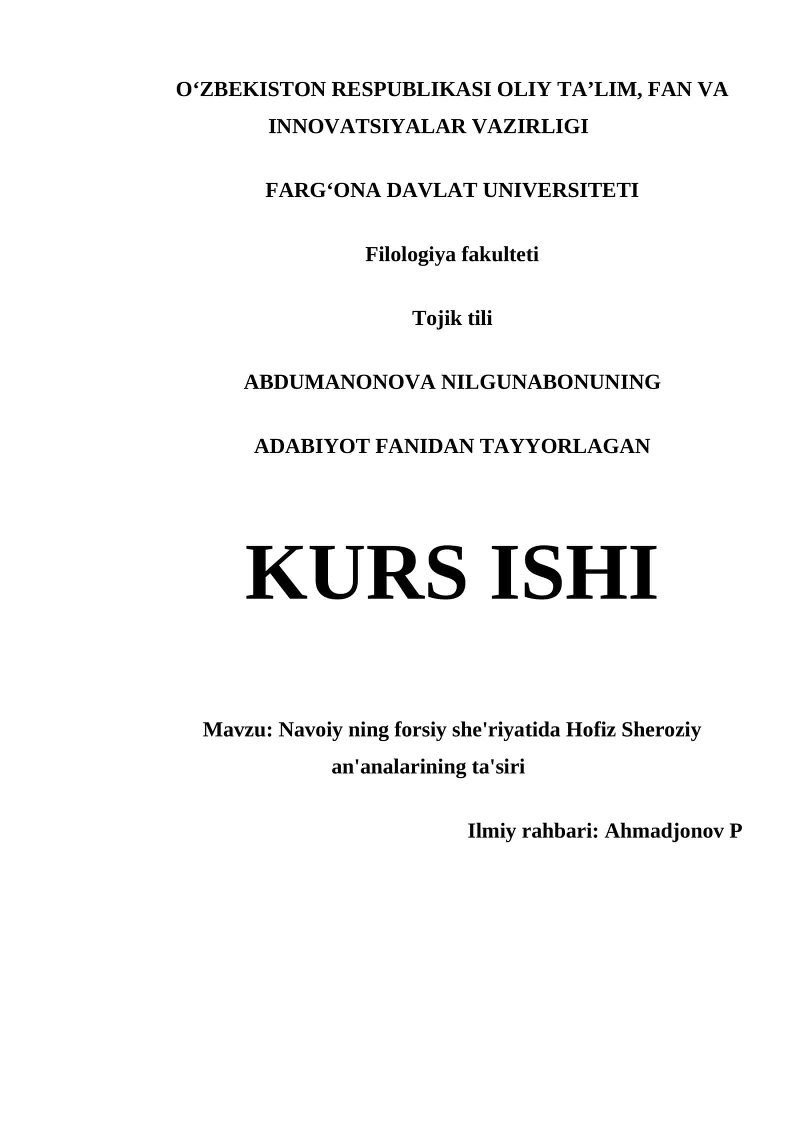 Navoiy ning forsiy she'riyatida Hofiz Sheroziy an'analarining ta'siri KURS ISHI 1