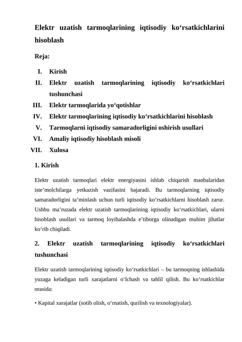Elektr uzatish tarmoqlarining iqtisodiy ko‘rsatkichlarini hisoblash 1