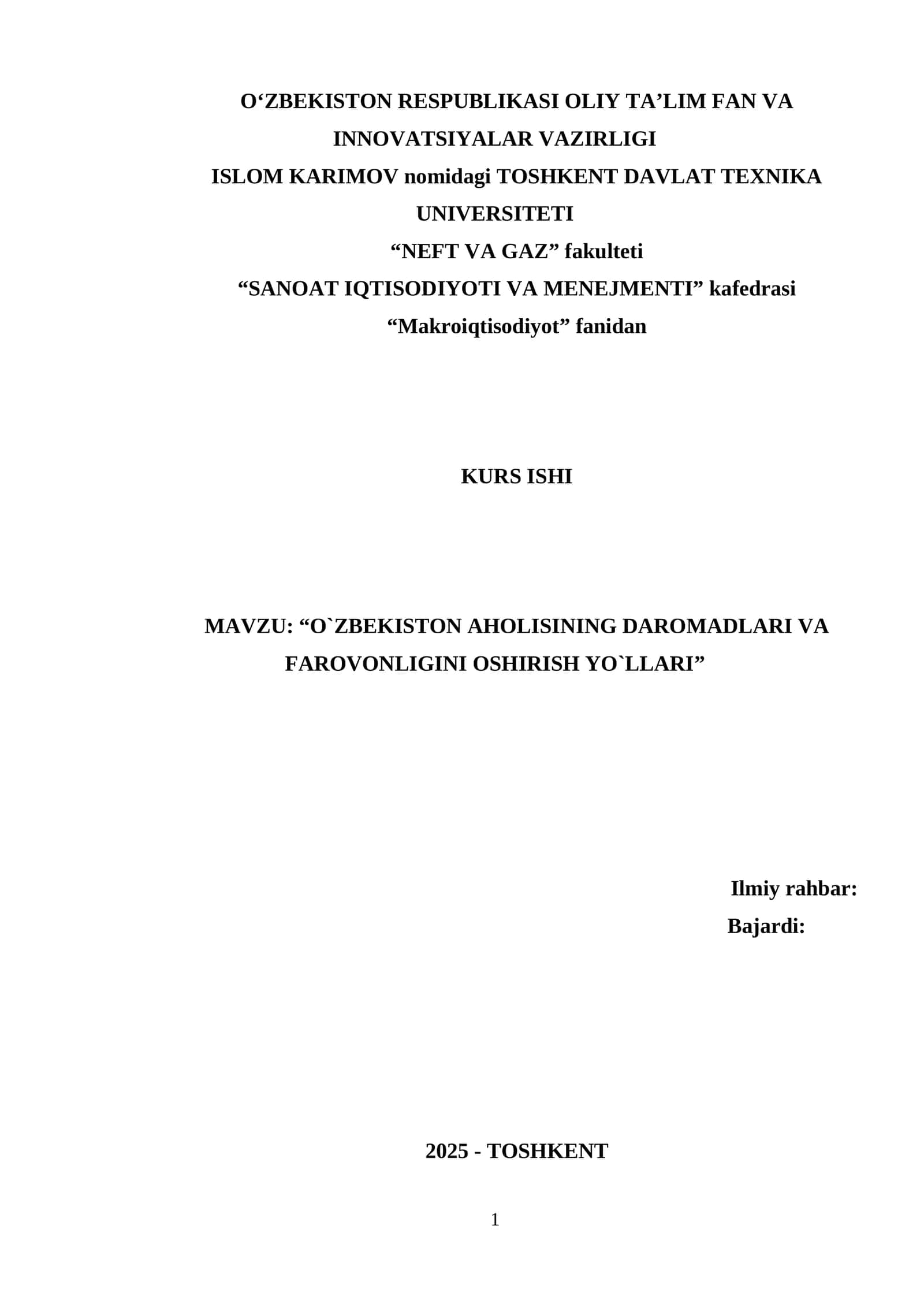 O`ZBEKISTON AHOLISINING DAROMADLARI VA FAROVONLIGINI OSHIRISH YO`LLARI 1