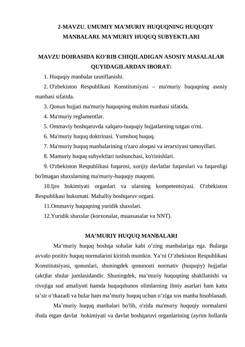 Ma’muriy Huquqning Huquqiy Manbalari 1