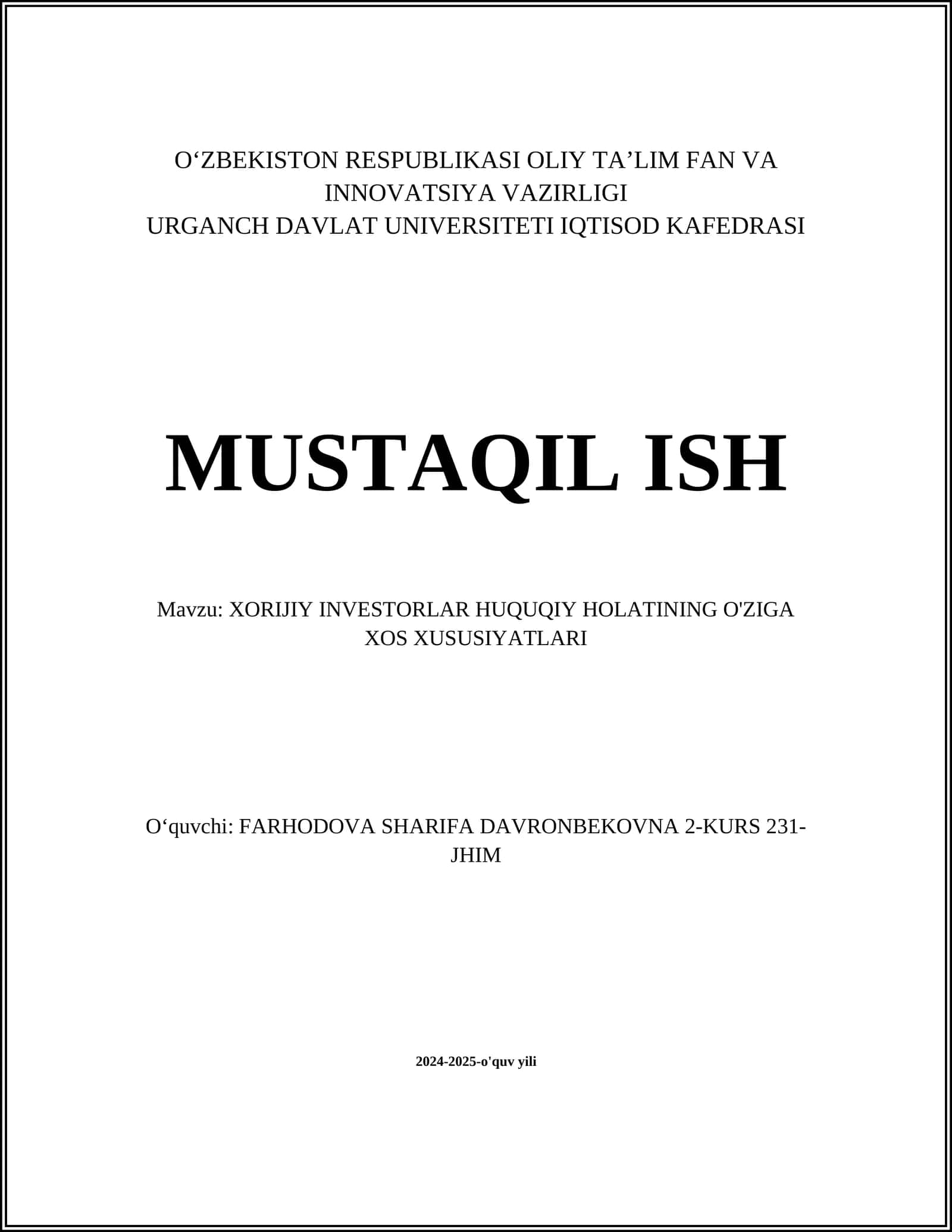 XORIJIY INVESTORLAR HUQUQIY HOLATINING O'ZIGA XOS XUSUSIYATLARI 1