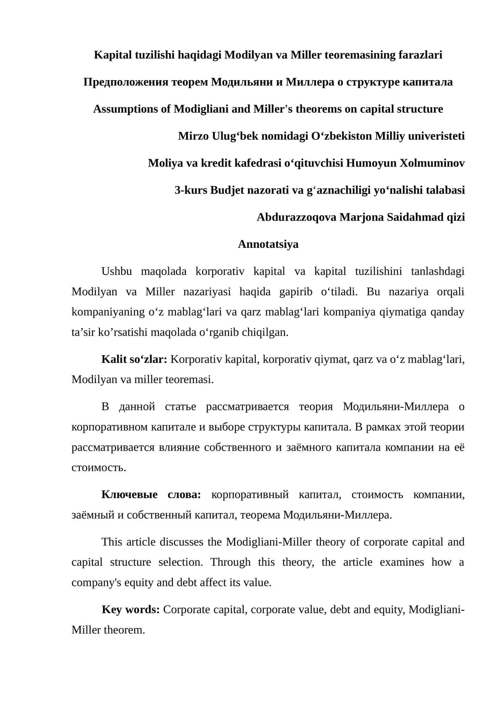 Kapital tuzilishi haqidagi Modilyan va Miller nazaeiyasi 1