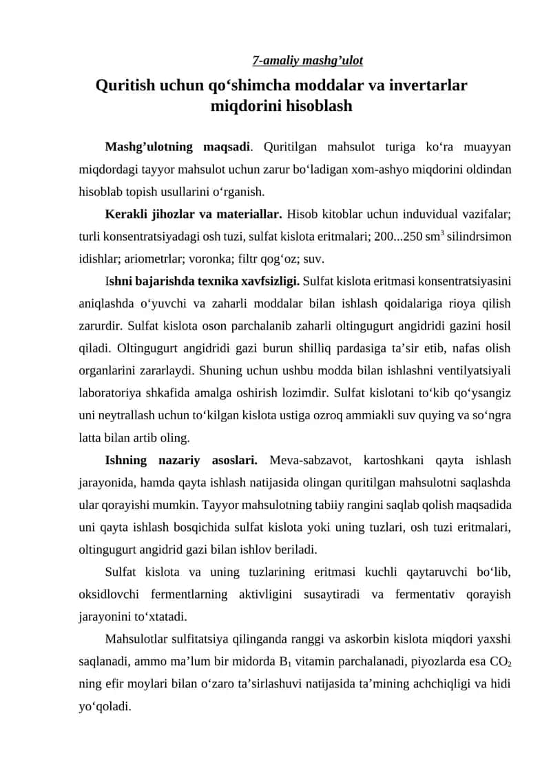 Quritish uchun qo‘shimcha moddalar va invertarlar miqdorini hisoblash 1