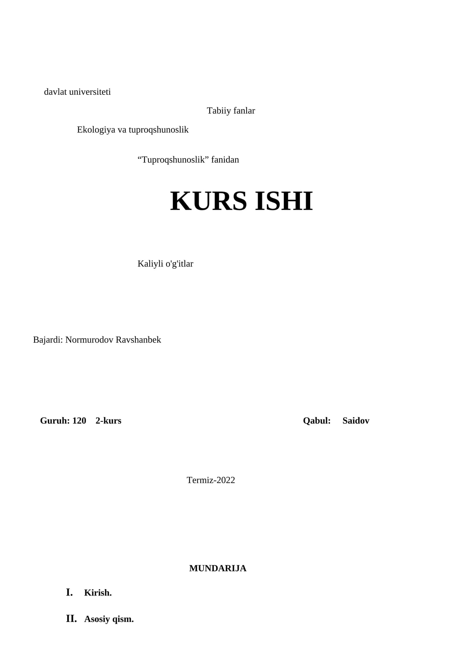 Ekologiya va tuproqshunoslik KURS ISHI 1
