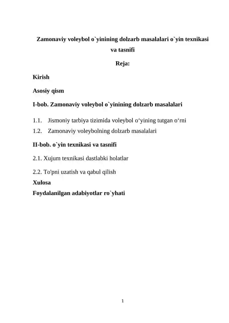 Zamonaviy voleybol o`yinining dolzarb masalalari o`yin texnikasi va tasnifi