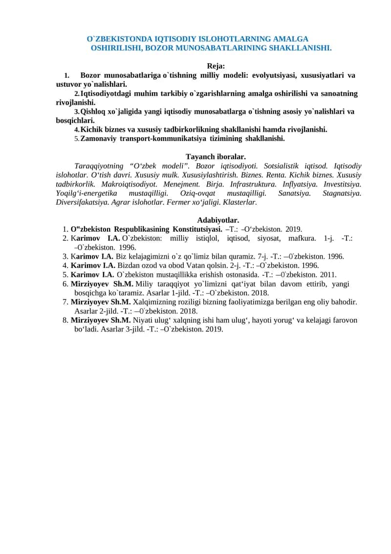 O`ZBEKISTONDA IQTISODIY ISLOHOTLARNING AMALGA OSHIRILISHI, BOZOR MUNOSABATLARINING SHAKLLANISHI 1