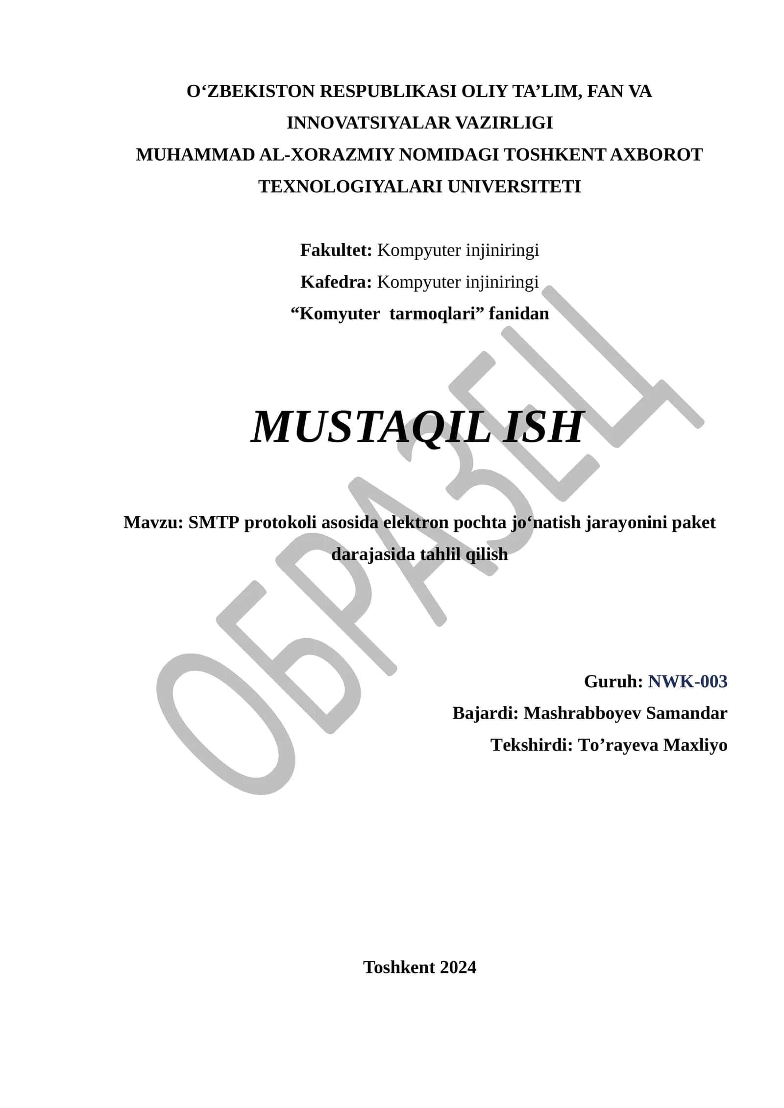 SMTP protokoli asosida elektron pochta jo‘natish jarayonini paket darajasida tahlil qilish 1