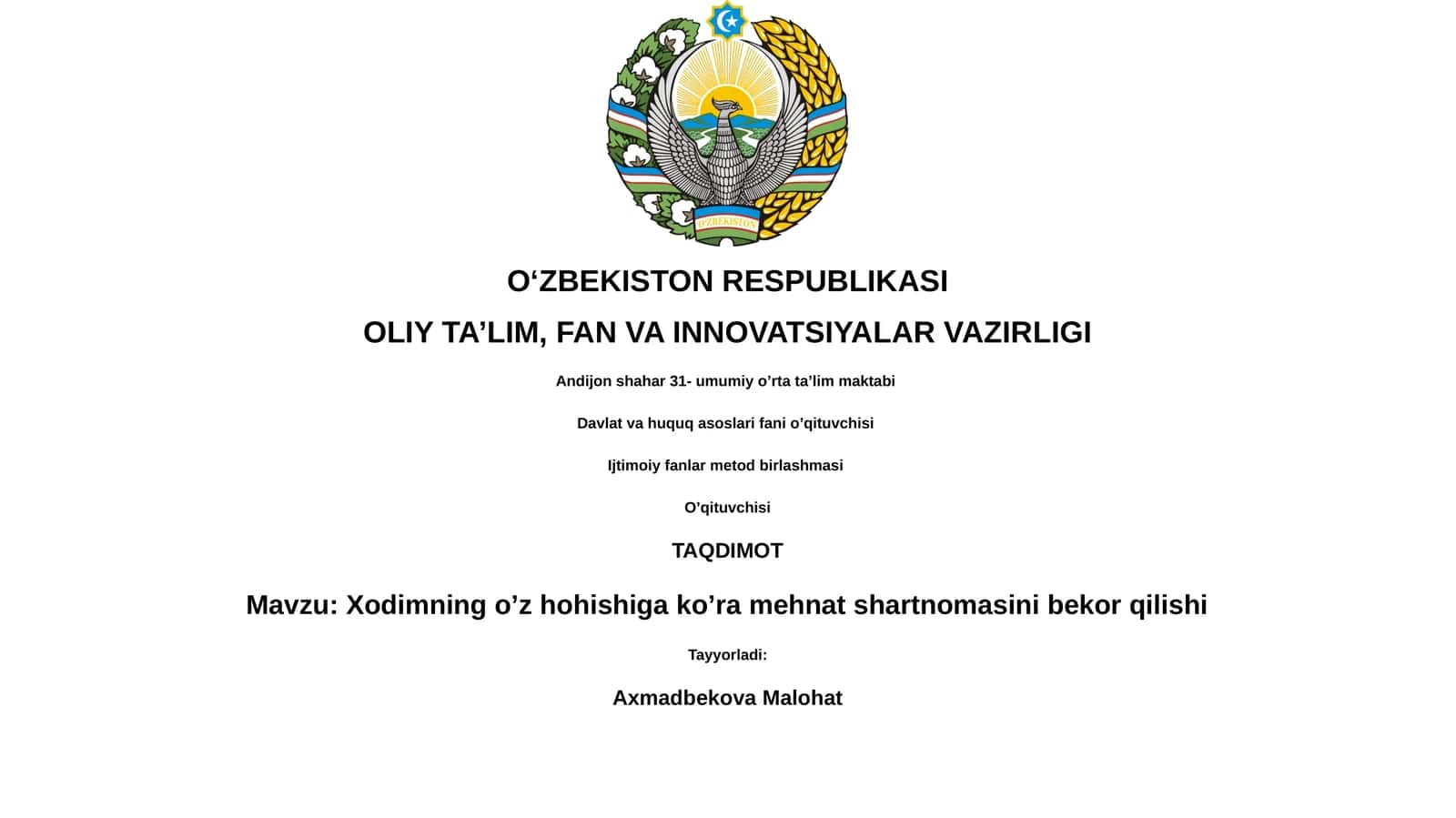 Xodimning o’z hohishiga ko’ra mehnat shartnomasini bekor qilishi 1