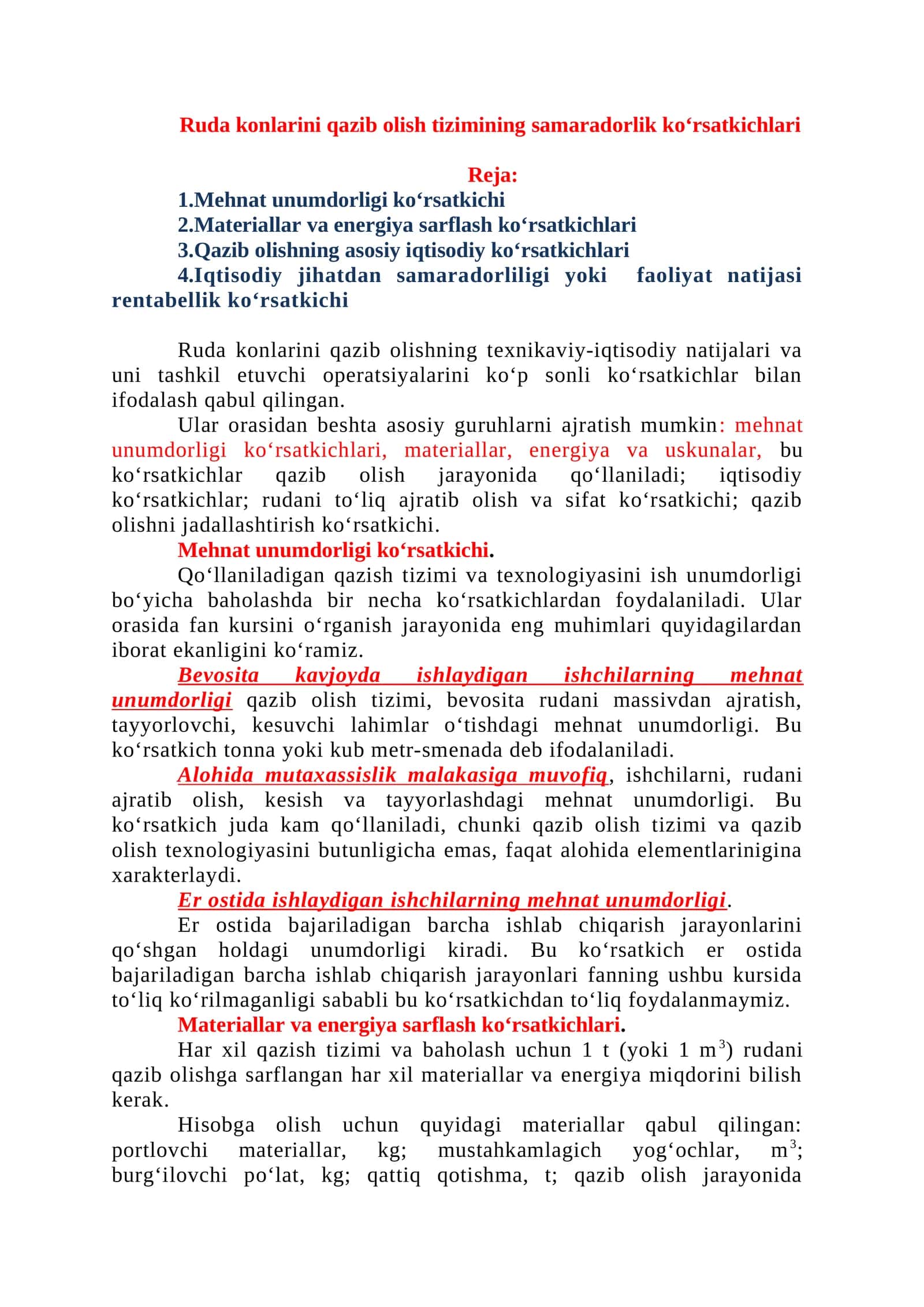 Ruda konlarini qazib olish tizimining samaradorlik ko‘rsatkichlari 1