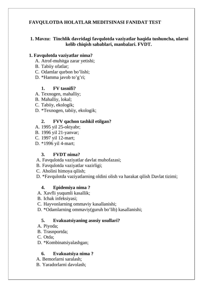 FAVQULOTDA HOLATLAR MEDITSINASI FANIDAT TEST 1
